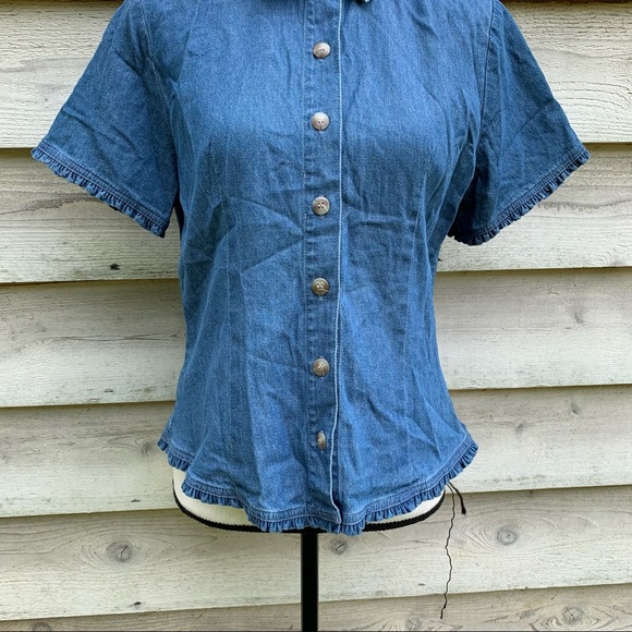 True Vintage 70s Blue Cotton Denim Ruffled Trim Button Down Short Sleeve Blouse - Picture 10 of 16